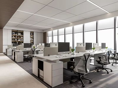 Modern Public Office Space with Workstations Computer Monitors Ergonomic Chairs and Large Windows 3d model