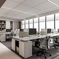 Modern Public Office Space with Workstations Computer Monitors Ergonomic Chairs and Large Windows