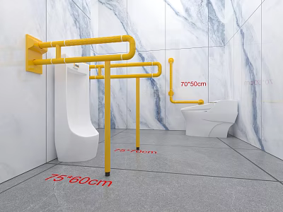 Accessible Bathroom With Yellow Grab Bars Toilet Urinals Marble Walls And Size Markings 3d model