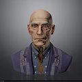 Bald Elderly Man Bust Sculpture Wearing Purple Blue Striped Jacket And Plaid Shirt