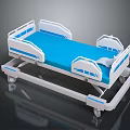 Medical Hospital Bed With Blue Mattress White Frame Side Rails And Wheels