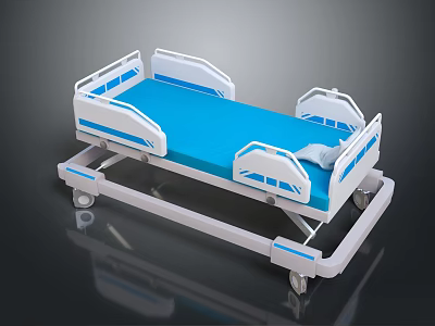Medical Hospital Bed With Blue Mattress White Frame Side Rails And Wheels 3d model