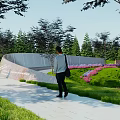 Park Landscape With Winding Pathway People Walking Green Lawns Colorful Flower Beds And Trees