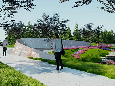 Park Landscape With Winding Pathway People Walking Green Lawns Colorful Flower Beds And Trees 3d model