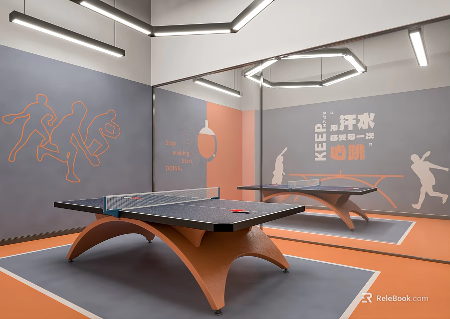 Modern Entertainment Room Interior With Ping Pong Table Sports Murals And Modern Lighting 3d model 