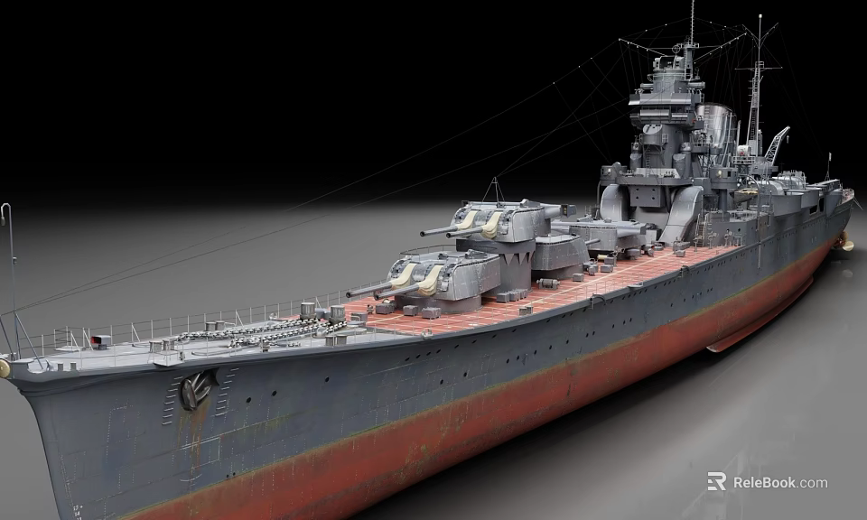 Detailed Warship With Gray And Red Hull Turrets And Upper Deck Structure 3d model 