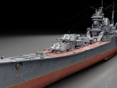 Detailed Warship With Gray And Red Hull Turrets And Upper Deck Structure 3d model