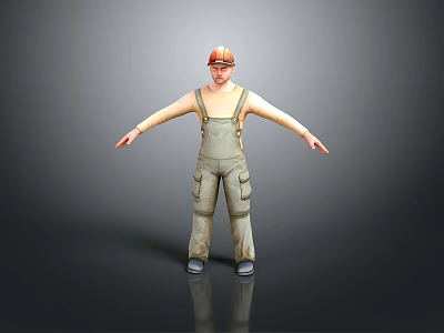 A Man Wearing Overalls Hard Hat With Arms Outstretched Standing On Gray Backdrop With Reflection 3d model