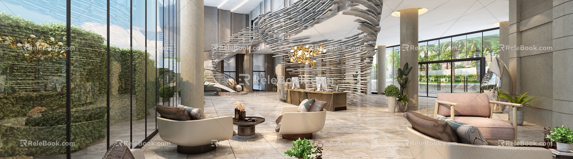 Sales Office Hotel Lobby Atrium Hall Luxury Hotel Rest Area Floor-to-Floor Window Hardcover Hall 3d model