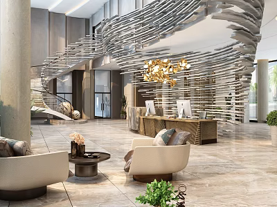 Modern Luxurious Sales Office Interior With Spiral Staircase And Golden Chandelier 3d model