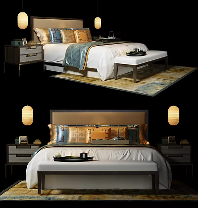 New Chinese Double Bed Bedside Table Table Lamp Bedding 3d model New Chinese Double Bed Bedside Table Table Lamp Bedding 3d model