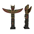 Traditional Totem Poles With Colorful Eagle And Facial Carvings Decorations