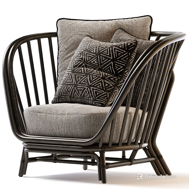 Stylish Outdoor Chair With Black Wicker Frame Gray Cushion And Geometric Pattern Pillow 3d model 