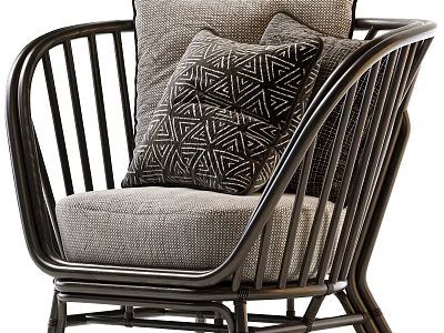 Stylish Outdoor Chair With Black Wicker Frame Gray Cushion And Geometric Pattern Pillow 3d model