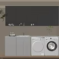 Modern Balcony Cabinet Interior With Grey Storage White Washer Dryer And Green Plants
