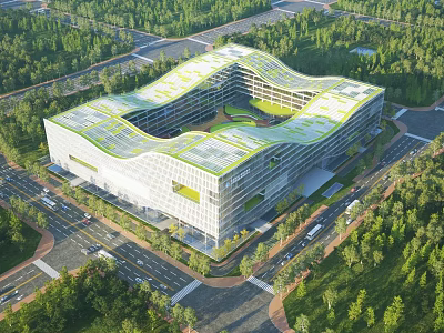 Modern Industrial Plant with Innovative Green Roof Design Surrounded by Trees and Roads 3d model