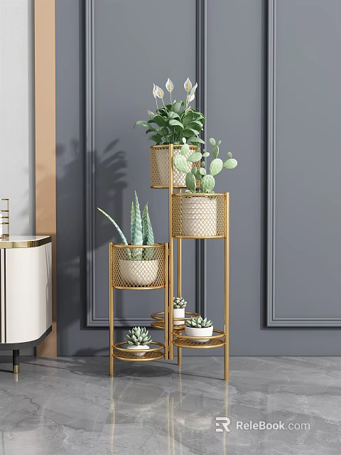 Golden Multi Tiered Plant Stand With Succulents Green Plants Gray Walls And White Cabinet 3d model 