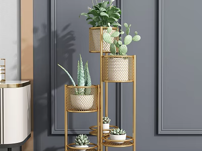 Golden Multi Tiered Plant Stand With Succulents Green Plants Gray Walls And White Cabinet 3d model