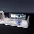Modern Exhibition Booth Design With Large Digital Screen Open Layout Tables And Display Areas