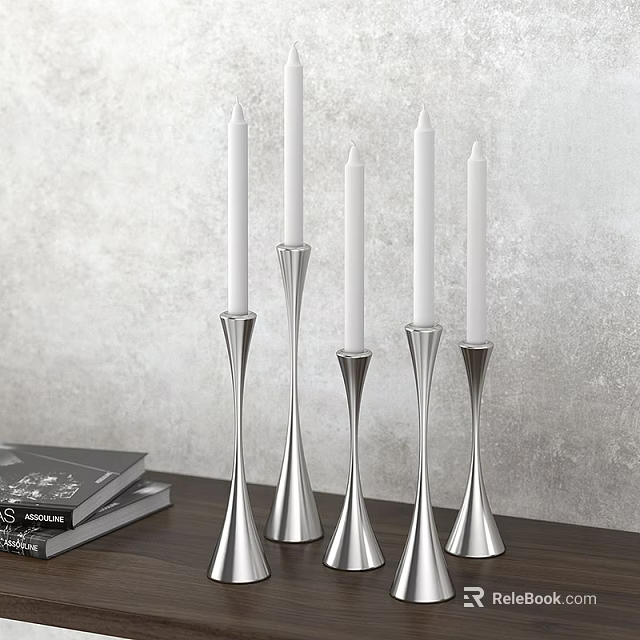Silver Candle Holders Set On Wooden Table With Books And Gray Wall Background 3d model 