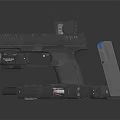 Modern Tactical Black Pistol with Magazine and Accessories on Reflective Surface 3d model