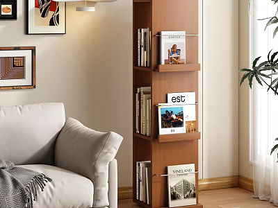 Stylish Brown Wooden Tiered Bookshelf In Living Room With Books Magazines Sofa And Plant 3d model