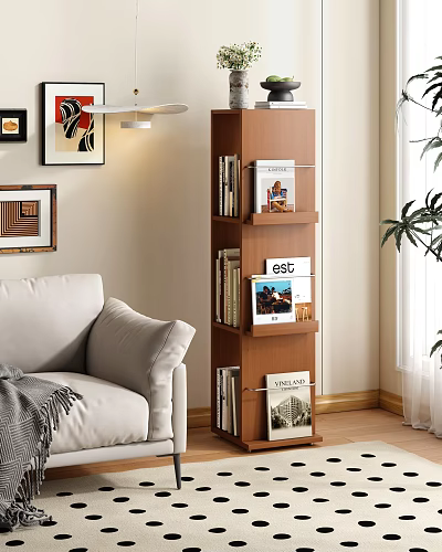 Stylish Brown Wooden Tiered Bookshelf In Living Room With Books Magazines Sofa And Plant 3d model