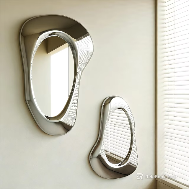 Modern Decorative Mirrors with Sleek Metallic Frames on Wall Near Window Blinds 3d model 