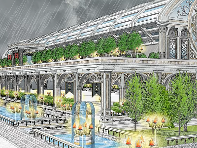 Ancient Architecture Grand Corridor With Glass Roof Decorative Columns Green Plants Fountains And Water Pools 3d model