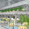 Ancient Architecture Grand Corridor With Glass Roof Decorative Columns Green Plants Fountains And Water Pools