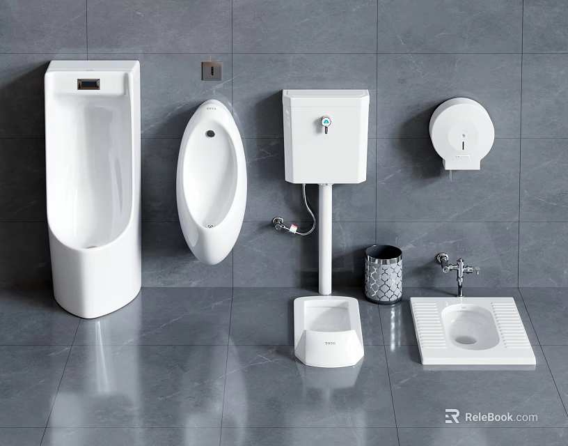 Modern Bathroom Urinal Design With Wall Mounted Sink And Toilet Paper Holder 3d model 