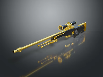 Gold and Black Sniper Rifle With Scope And Gold Accents On Reflective Surface 3d model