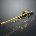 Gold and Black Sniper Rifle With Scope And Gold Accents On Reflective Surface