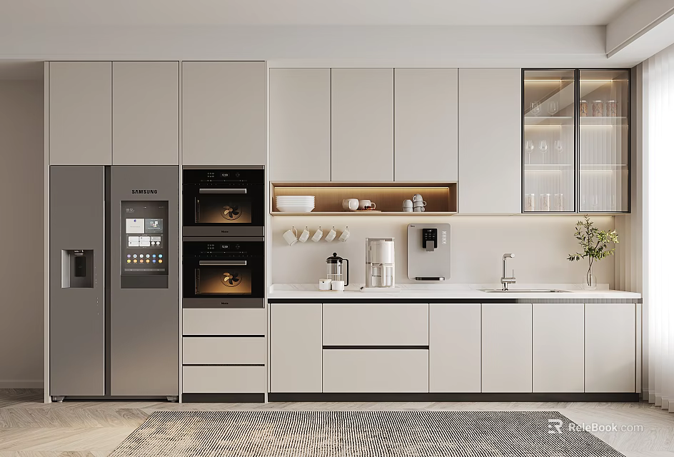 Modern Kitchen Interior With White Cabinets Silver Refrigerator Oven Coffee Machine Sink And Plant Vase 3d model 