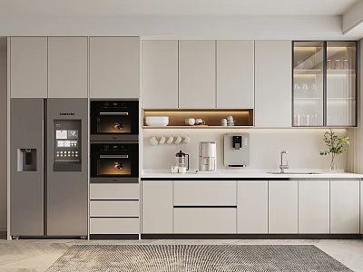 Modern Kitchen Interior With White Cabinets Silver Refrigerator Oven Coffee Machine Sink And Plant Vase 3d model