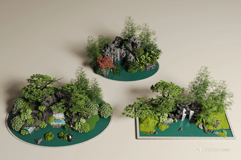 Natural Courtyard Garden Landscape with Rock Formations Green Plants Red Maple Leaves and Waterfall Features 3d model 