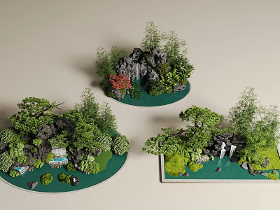 Natural Courtyard Garden Landscape with Rock Formations Green Plants Red Maple Leaves and Waterfall Features 3d model
