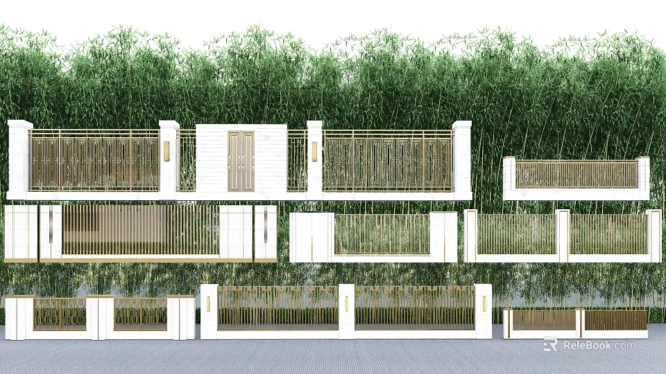 Modern Building Facade Design With White Walls Wooden Grille Railings And Green Plants Background 3d model 