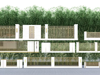 Modern Building Facade Design With White Walls Wooden Grille Railings And Green Plants Background 3d model
