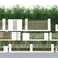 Modern Building Facade Design With White Walls Wooden Grille Railings And Green Plants Background