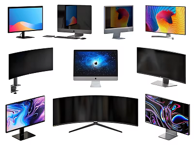 Various Types Of Modern Computer Monitors Including Curved And Flat Screens 3d model