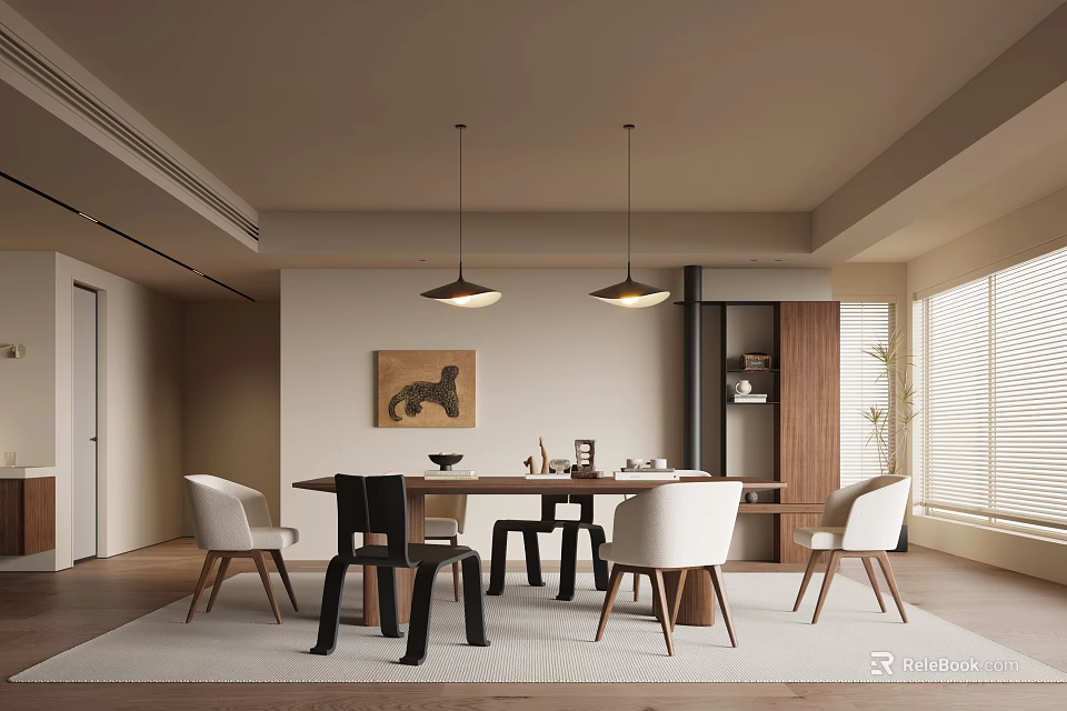 Modern Restaurant Interior Featuring Dining Table Chairs Pendant Lights Wall Art And Windows 3d model