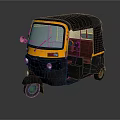Yellow And Black Three Wheeled Auto Rickshaw With Open Cabin And Front Windshield