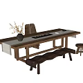 Modern Wooden Tea Table And Chairs With Walnut Surface Vase And Bench 3d model