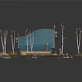 Cartoon Scene of Blue Tiled Roof Cottage Surrounded by White Birch Trees and Yellow Flowers with Stones
