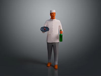 Professional Chef In White Uniform Holding Tray With Food And Green Bottle 3d model
