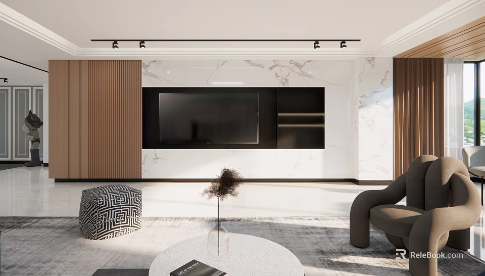 Modern Living Dining Room Interior With Sofa Coffee Table And Marble TV Wall Decor 3d model 