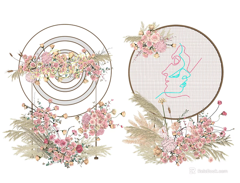 Floral Installation Design Featuring Circular Frame Pink Flowers Line Art And Greenery Decor 3d model 