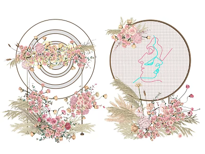 Floral Installation Design Featuring Circular Frame Pink Flowers Line Art And Greenery Decor 3d model