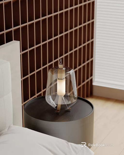 Modern Glass Table Lamp With Brass Stand On Black Side Table Against Brown Grid Wall 3d model 